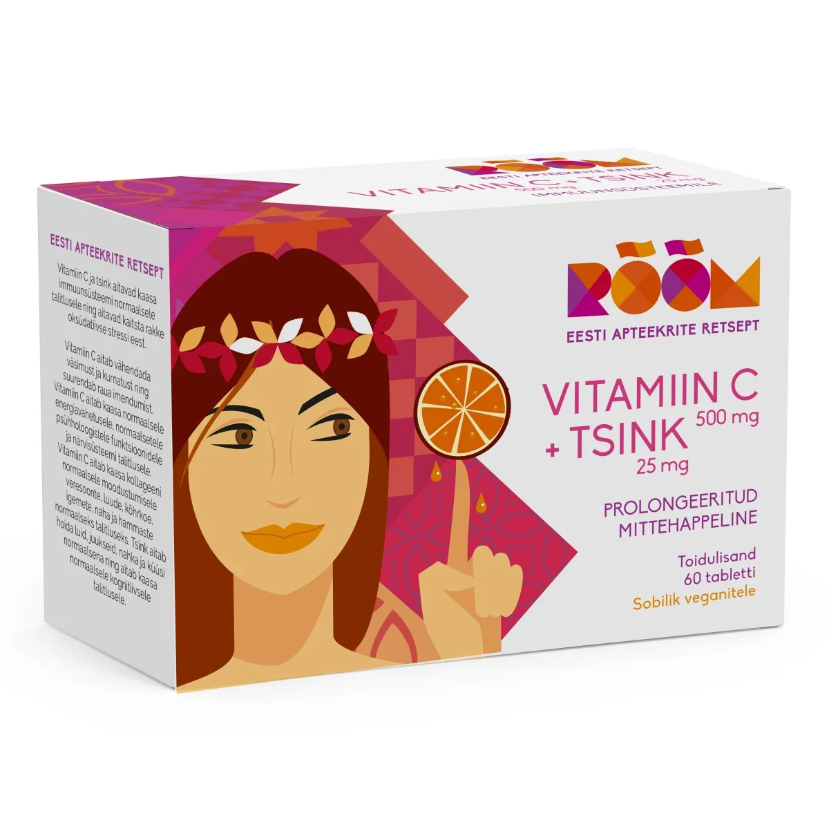 RÕÕM VITAMIIN C 500 MG + TSINK 25 MG PROLONGEERITUD TBL N60 - Product Image